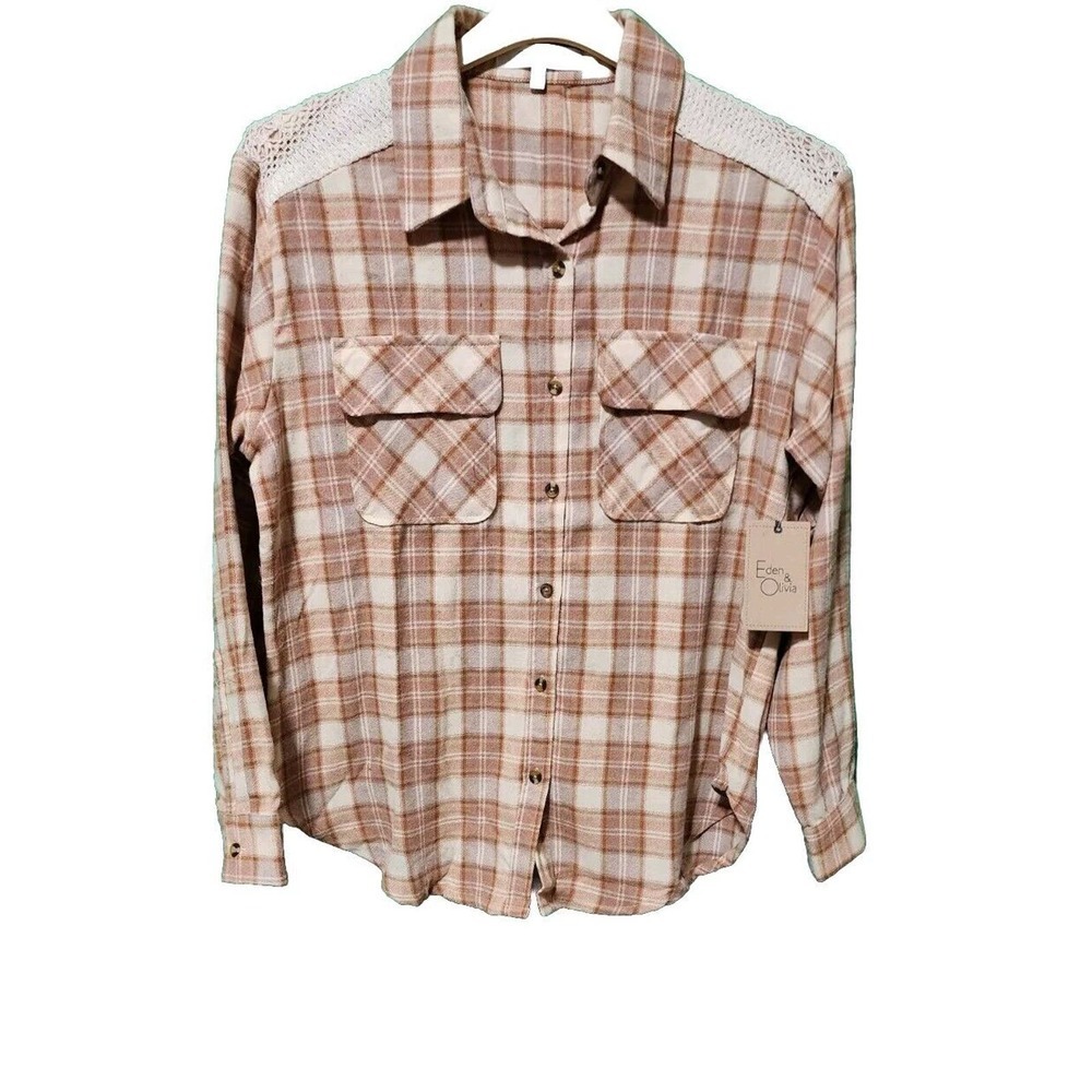 Eden & Olivia Women's Brown/Pink Plaid Flannel Size Med Button Up W/Crochet